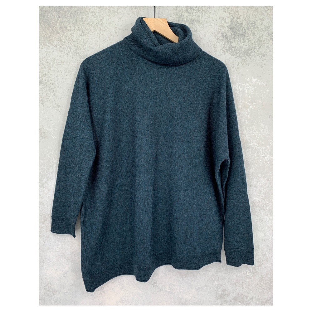 Eileen Fisher Sweater Womens XS Teal Merino Wool Turtleneck Pullover Boxy